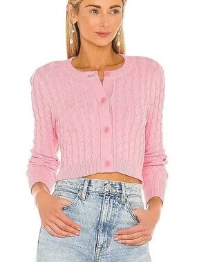 525 Pink Cable-Knit Cropped Button Cardigan Sweater
